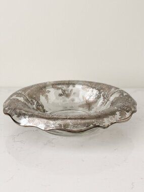 VTG Fostoria Baroque Silver Overlay Glass Bowl 12" Floral Heavy Centerpiece MCM